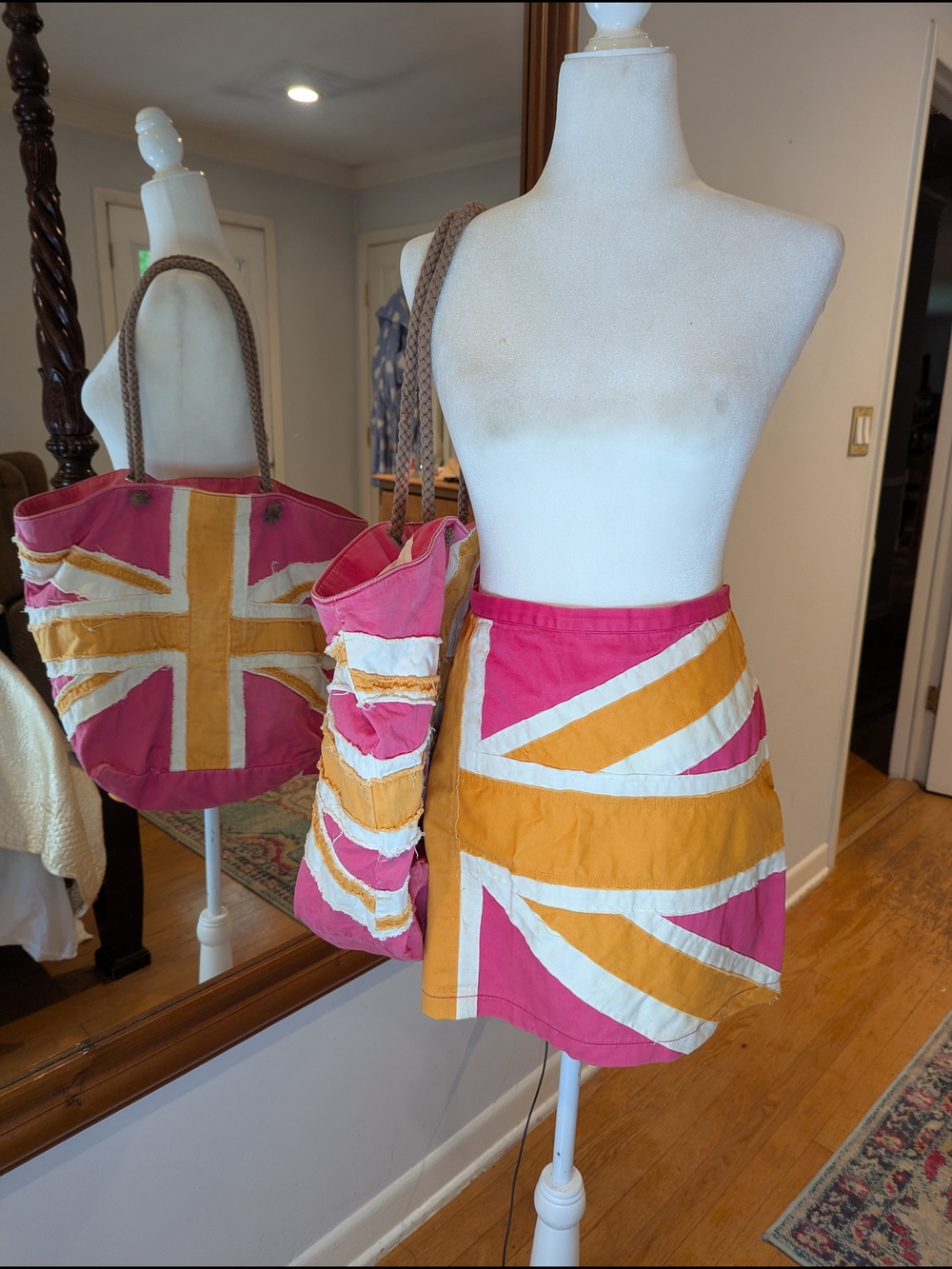 Rare Boden Pink, Yellow & White Flag-Inspired Mini Skirt With Matching Beach Bag